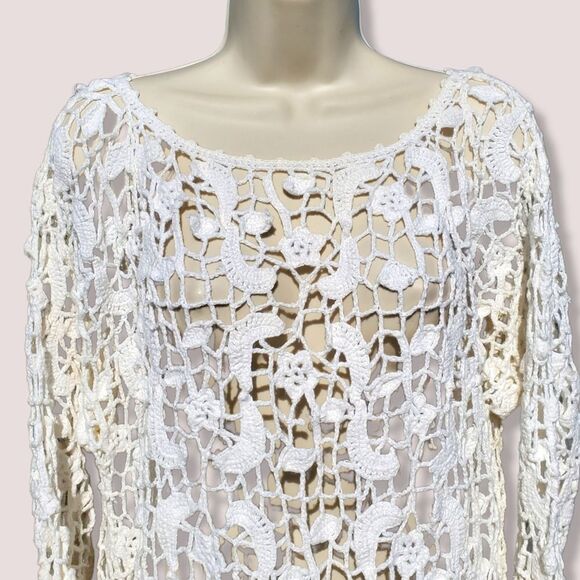 Express Handmade Essentials Off White Cream Crochet Lace Open Knit Tunic Dress - Picture 5 of 7